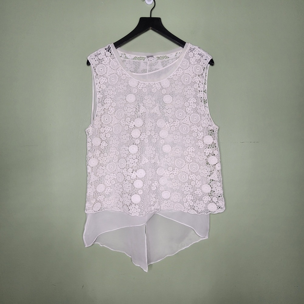 Elie Tahari Crochet Overlay Top Ivory Sleeveless Cotton Silk Boho Preppy Cottage - Picture 8 of 8